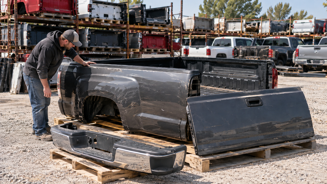 A man inspects a used dark gray pickup truck bed, tailgate, and bumper at a salvage yard with rows of second-hand truck body parts in the background.
