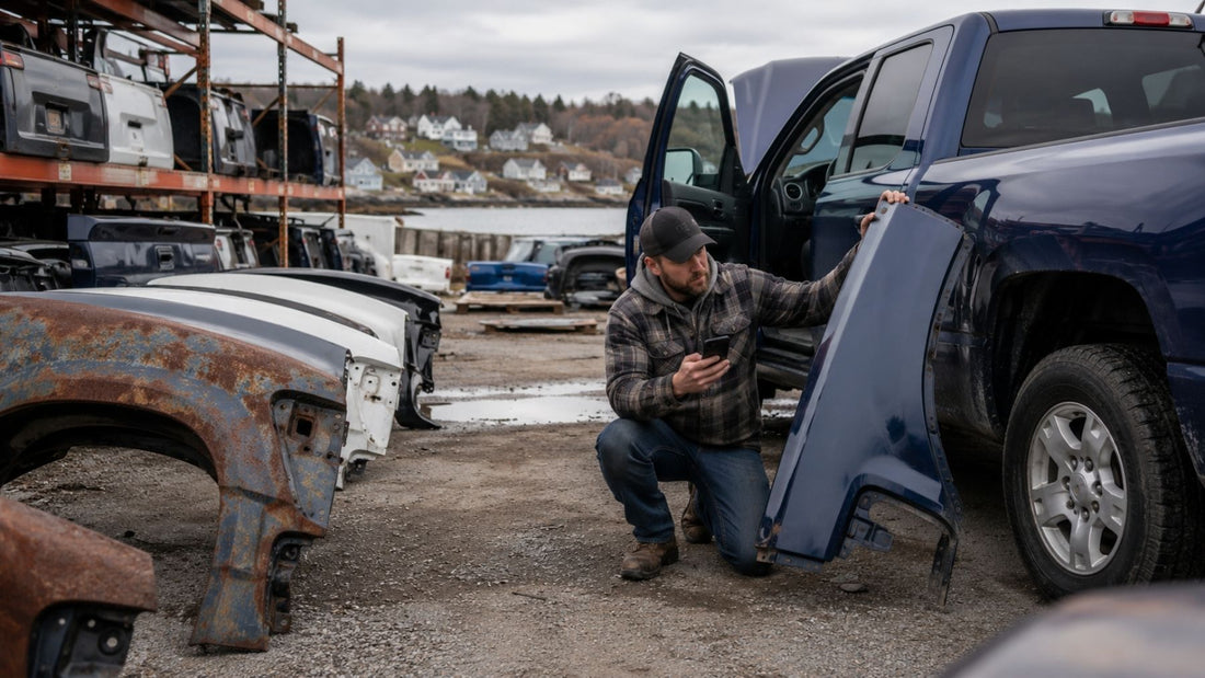 A man inspects a replacement truck body panel beside a blue pickup truck in a Nova Scotia salvage yard, surrounded by used and rusted truck parts.