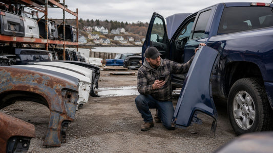 A man inspects a replacement truck body panel beside a blue pickup truck in a Nova Scotia salvage yard, surrounded by used and rusted truck parts.