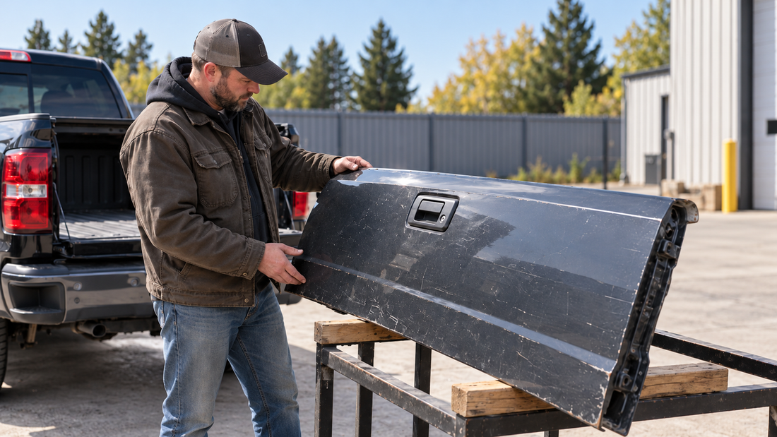 A man inspects a used dark gray pickup truck tailgate beside a black pickup in a clean outdoor repair yard.