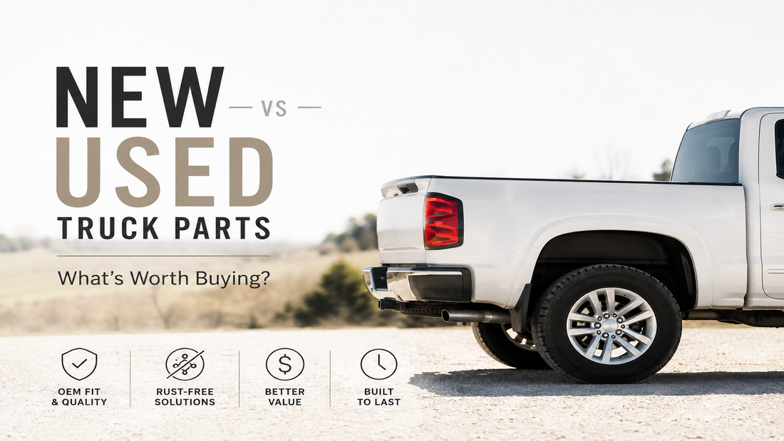New vs used truck parts comparison featuring a pickup truck, OEM fit, rust-free parts, value, and durability.