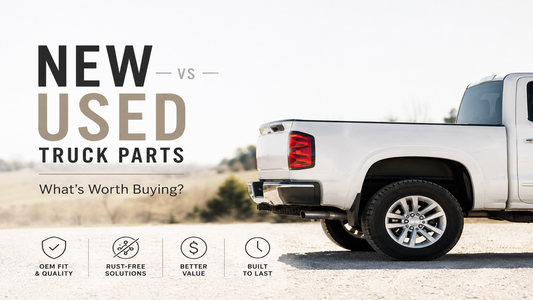 New vs used truck parts comparison featuring a pickup truck, OEM fit, rust-free parts, value, and durability.