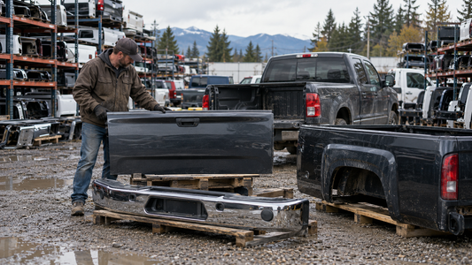 A man inspects a used dark gray truck tailgate beside replacement truck boxes and a bumper at an organized auto parts yard.