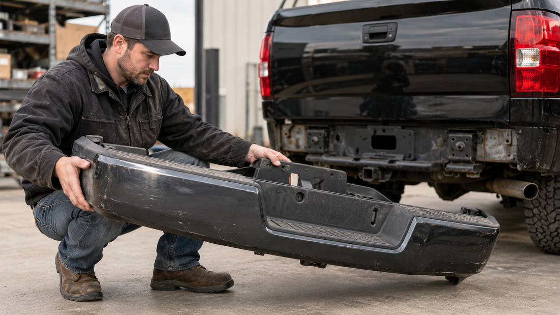 A mechanic inspects a used black pickup truck bumper beside a black truck in a clean outdoor auto parts yard.