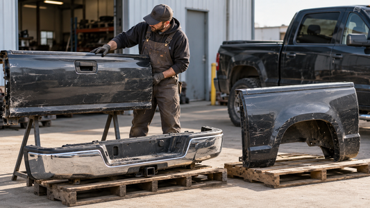 Mechanic inspecting used pickup truck body parts, including a tailgate, bumper, and fender, at an outdoor truck parts yard.