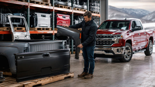 Man inspecting OEM truck body parts in a warehouse beside a red pickup truck.