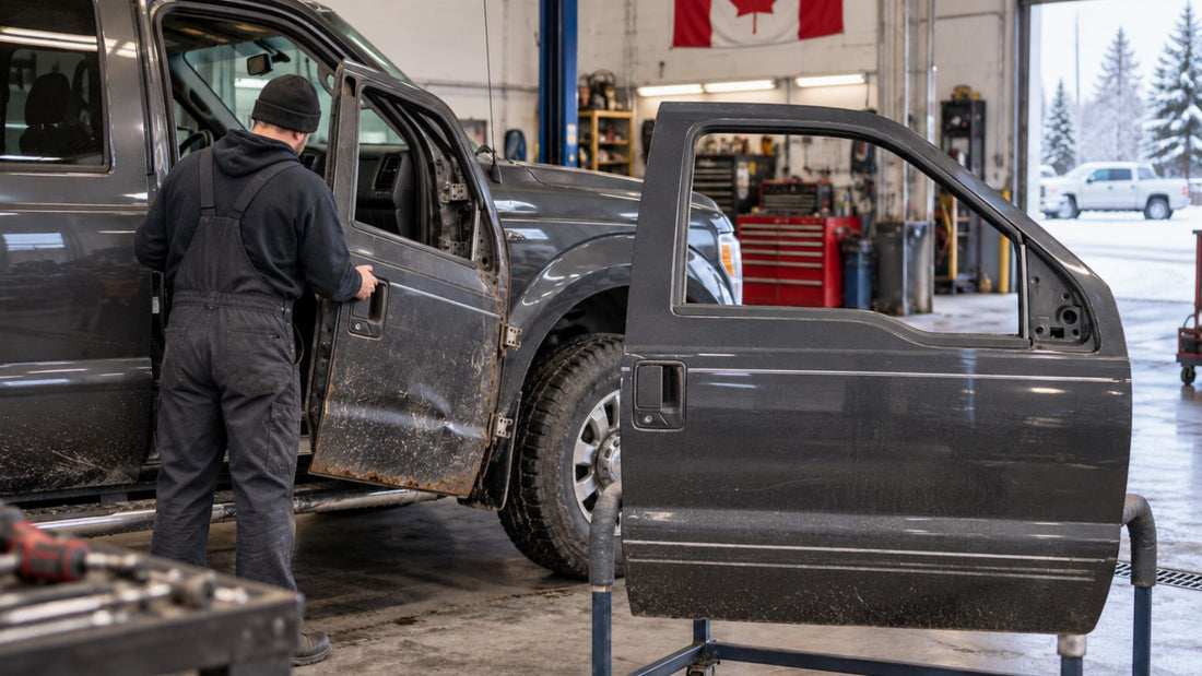 Mechanic replacing a slightly rusted truck door with a matching grey replacement door in a Canadian repair shop.