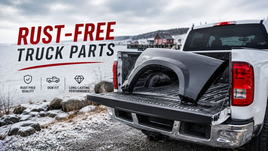 Rust-free truck fender in pickup bed on the Nova Scotia coast, highlighting quality OEM truck parts for Canadian vehicles.
